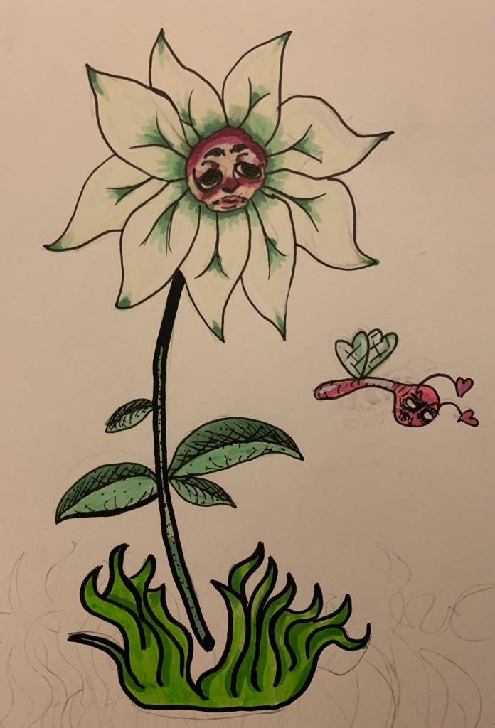 Drawing of a sad flower with white and green petals.